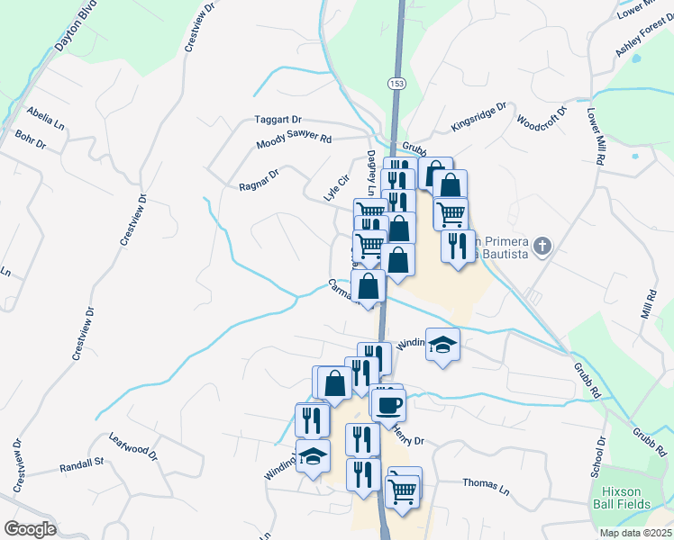 map of restaurants, bars, coffee shops, grocery stores, and more near 5741 Carmack Road in Chattanooga
