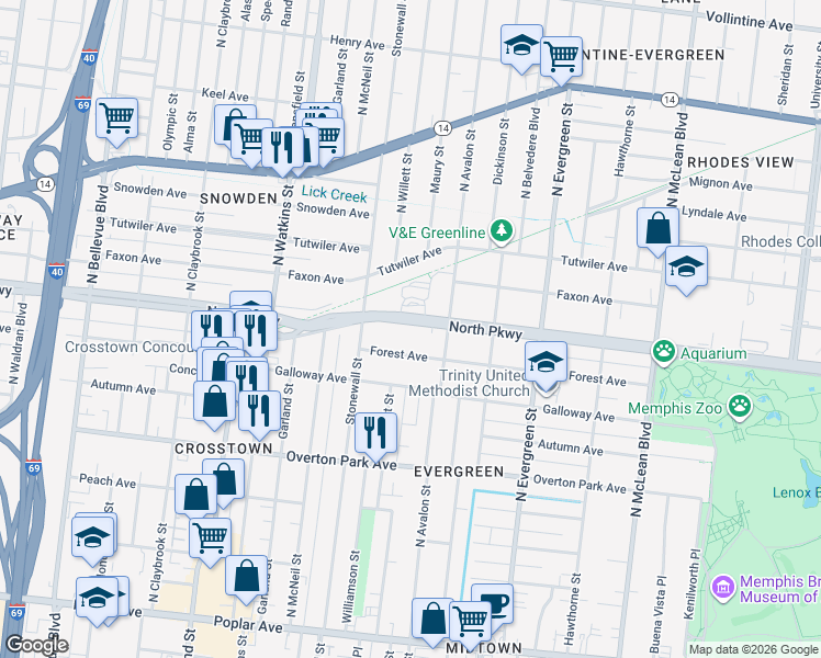 map of restaurants, bars, coffee shops, grocery stores, and more near 1552 Forest Avenue in Memphis