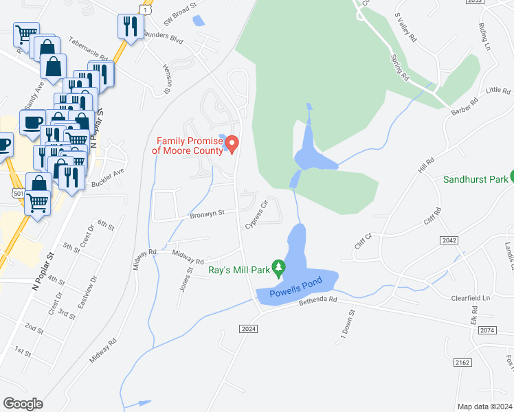 map of restaurants, bars, coffee shops, grocery stores, and more near 30 Cypress Circle in Southern Pines
