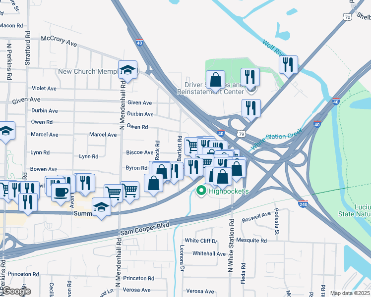 map of restaurants, bars, coffee shops, grocery stores, and more near 810 Bartlett Road in Memphis