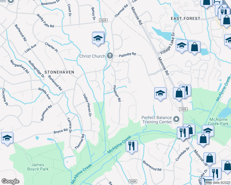 map of restaurants, bars, coffee shops, grocery stores, and more near 6513 Deermont Court in Charlotte