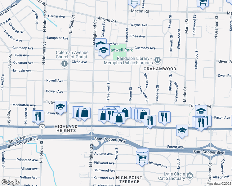 map of restaurants, bars, coffee shops, grocery stores, and more near 3590 Bowen Avenue in Memphis
