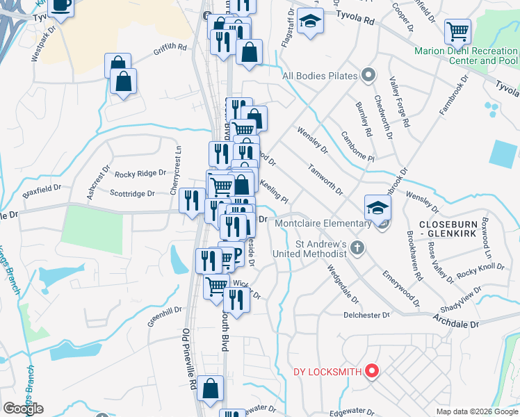 map of restaurants, bars, coffee shops, grocery stores, and more near 1514 Archdale Drive in Charlotte