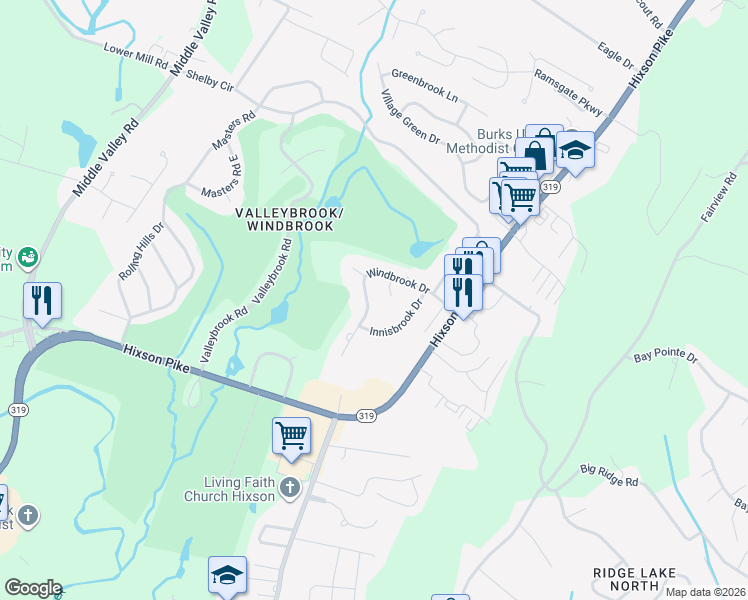 map of restaurants, bars, coffee shops, grocery stores, and more near 1317 Windbrook Drive in Chattanooga