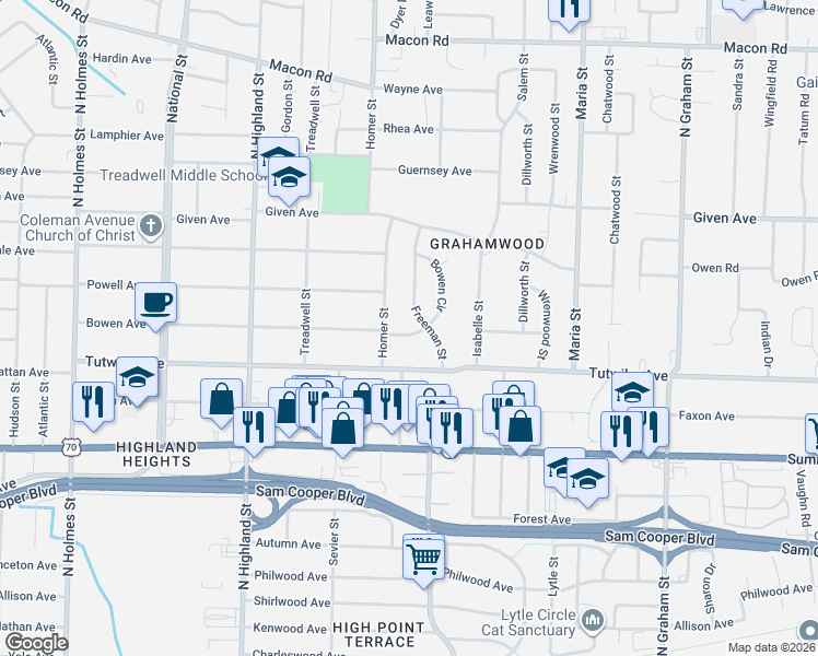 map of restaurants, bars, coffee shops, grocery stores, and more near 3665 Bowen Avenue in Memphis