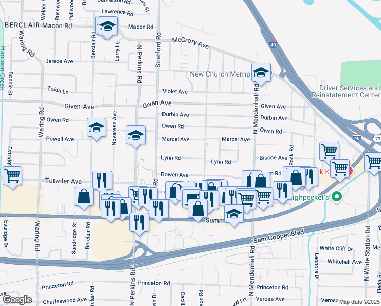 map of restaurants, bars, coffee shops, grocery stores, and more near 785 Avon Road in Memphis