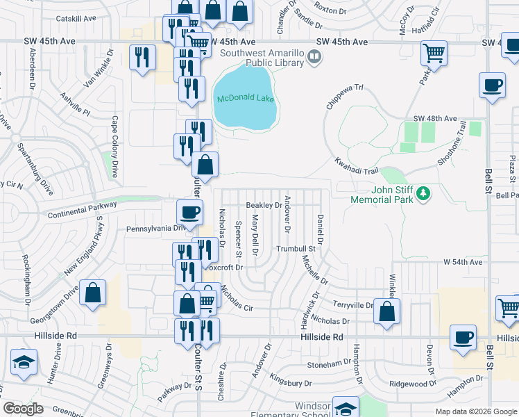 map of restaurants, bars, coffee shops, grocery stores, and more near 5708 Foxcroft Drive in Amarillo