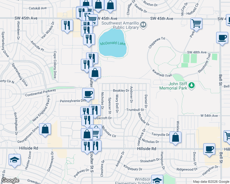map of restaurants, bars, coffee shops, grocery stores, and more near 5709 Spencer Street in Amarillo