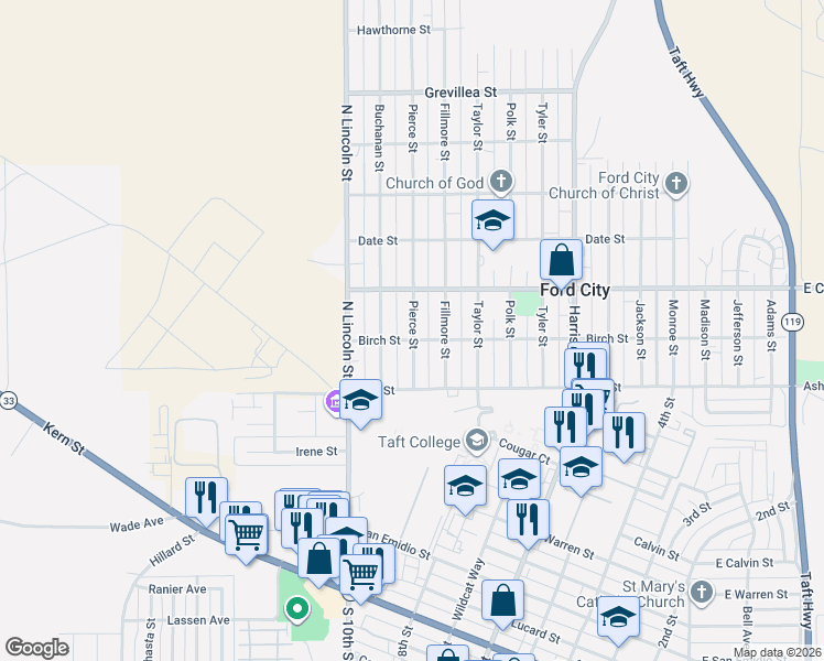 map of restaurants, bars, coffee shops, grocery stores, and more near 115 Pierce Street in Taft