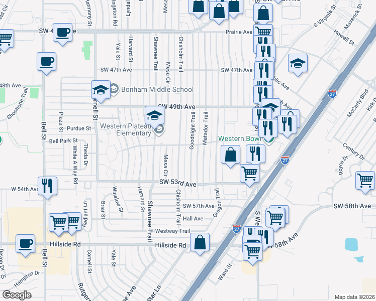 map of restaurants, bars, coffee shops, grocery stores, and more near 5111 Chisholm Trail in Amarillo