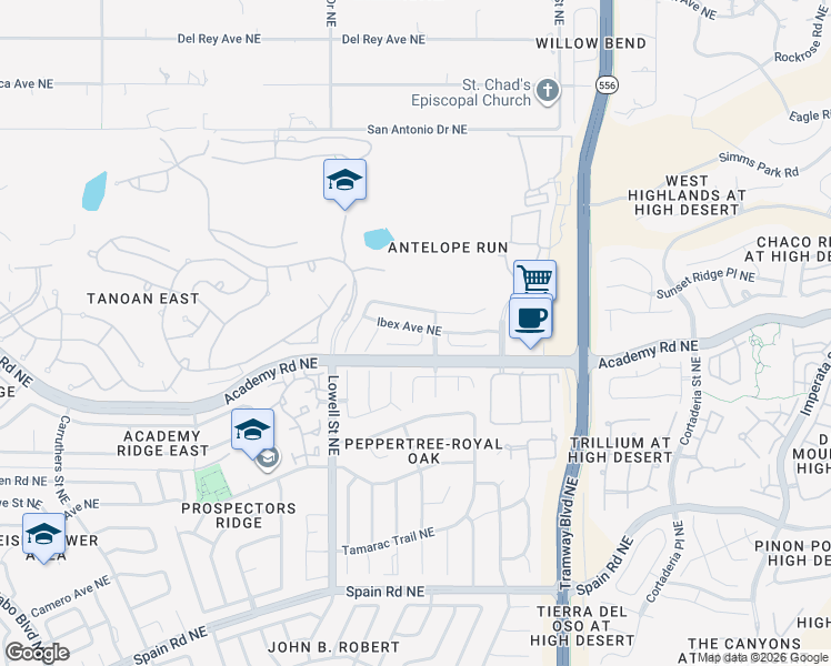 map of restaurants, bars, coffee shops, grocery stores, and more near 11908 Ibex Avenue Northeast in Albuquerque
