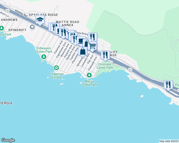 map of restaurants, bars, coffee shops, grocery stores, and more near 427 Water Street in Pismo Beach