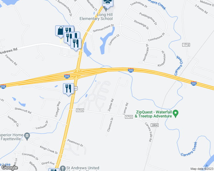 map of restaurants, bars, coffee shops, grocery stores, and more near 6360 Abbotts Park Drive in Fayetteville