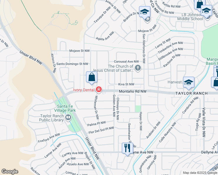 map of restaurants, bars, coffee shops, grocery stores, and more near 6001 Montaño Road Northwest in Albuquerque