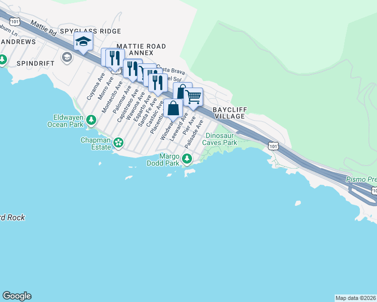 map of restaurants, bars, coffee shops, grocery stores, and more near 427 Water Street in Pismo Beach