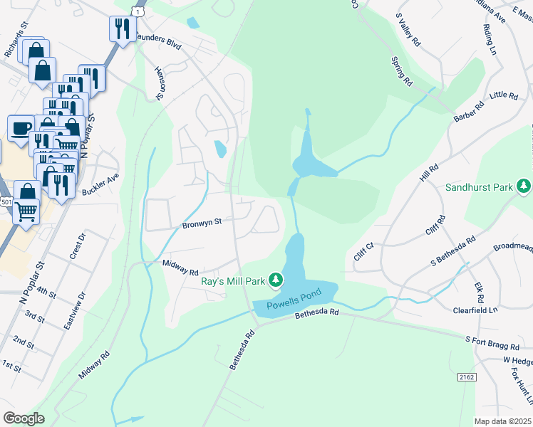 map of restaurants, bars, coffee shops, grocery stores, and more near 41 Cypress Circle in Southern Pines