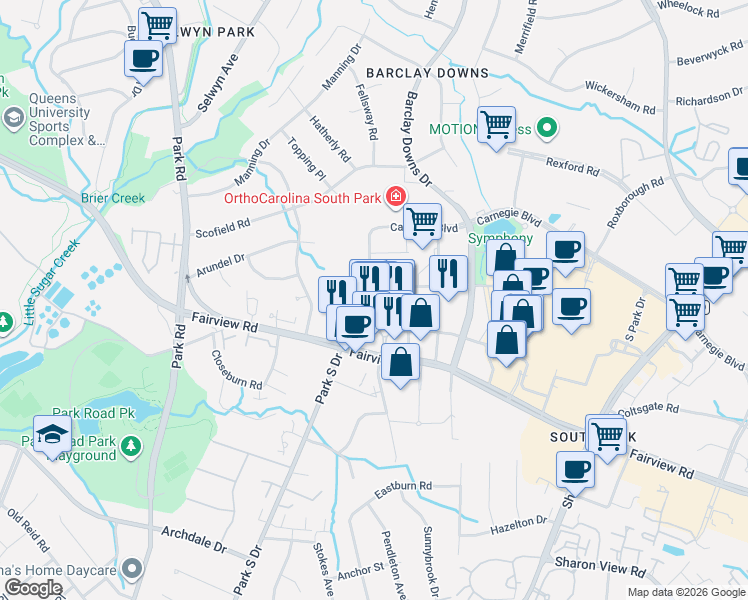 map of restaurants, bars, coffee shops, grocery stores, and more near 4620 Piedmont Row Drive in Charlotte
