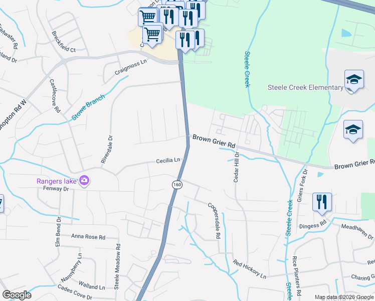 map of restaurants, bars, coffee shops, grocery stores, and more near 10000 Steele Creek Road in Charlotte