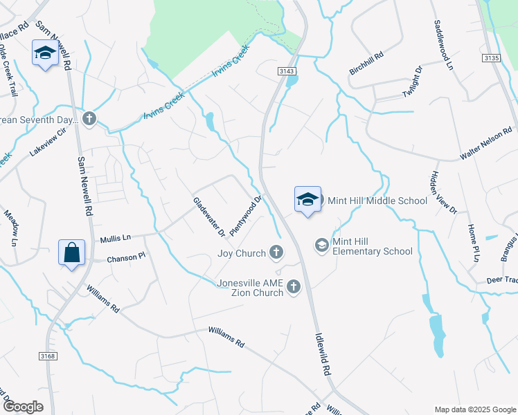 map of restaurants, bars, coffee shops, grocery stores, and more near 3110 Plentywood Drive in Matthews