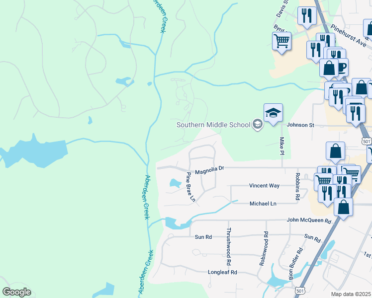 map of restaurants, bars, coffee shops, grocery stores, and more near 134 Lightwater Drive in Aberdeen