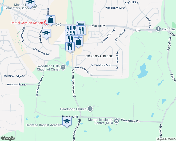 map of restaurants, bars, coffee shops, grocery stores, and more near 1064 Cross Wood Lane in Shelby County