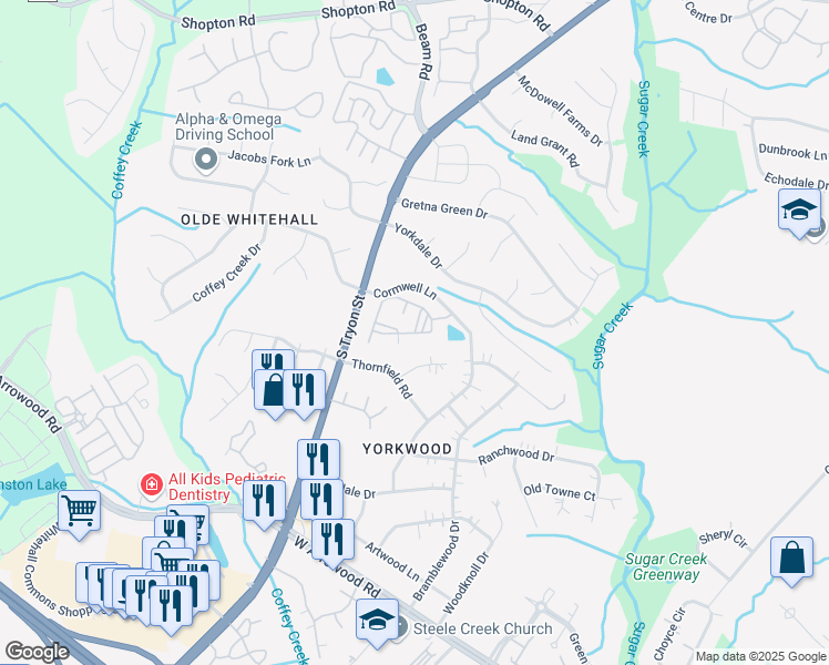 map of restaurants, bars, coffee shops, grocery stores, and more near Contemporary Place in Charlotte