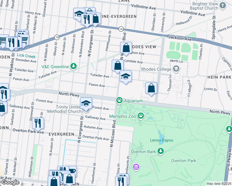 map of restaurants, bars, coffee shops, grocery stores, and more near 603 North McLean Boulevard in Memphis