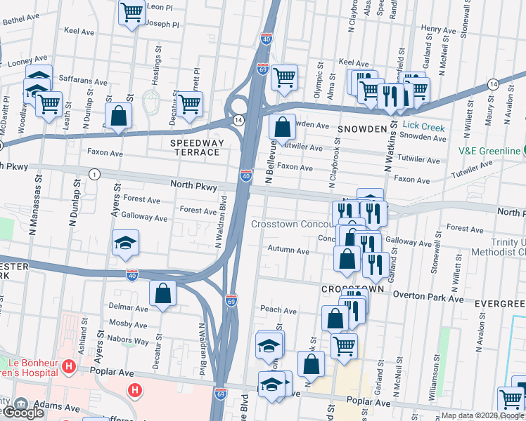 map of restaurants, bars, coffee shops, grocery stores, and more near 1189 North Parkway in Memphis