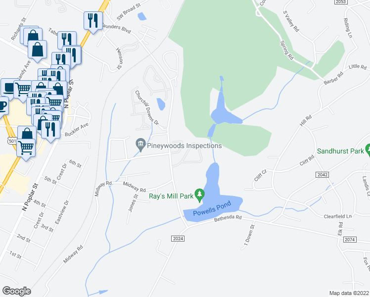 map of restaurants, bars, coffee shops, grocery stores, and more near 34 Cypress Circle in Southern Pines
