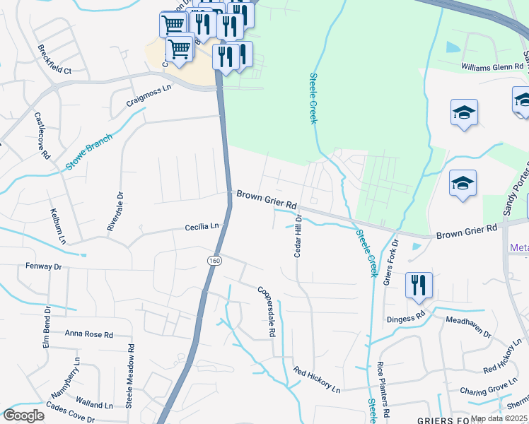 map of restaurants, bars, coffee shops, grocery stores, and more near 13400 Brown Grier Road in Charlotte