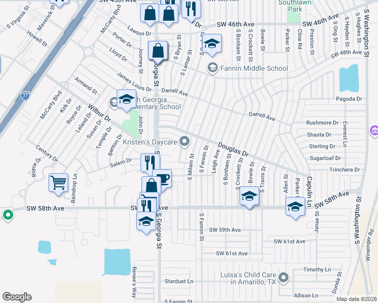 map of restaurants, bars, coffee shops, grocery stores, and more near 5204 South Milam Street in Amarillo