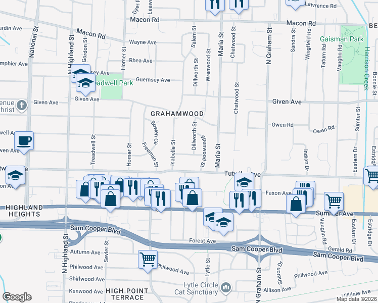 map of restaurants, bars, coffee shops, grocery stores, and more near 813 Dillworth Street in Memphis