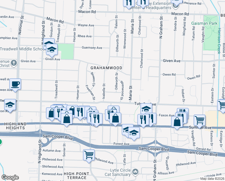 map of restaurants, bars, coffee shops, grocery stores, and more near 813 Dillworth Street in Memphis