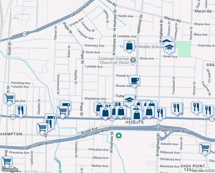 map of restaurants, bars, coffee shops, grocery stores, and more near 798 Atlantic Street in Memphis