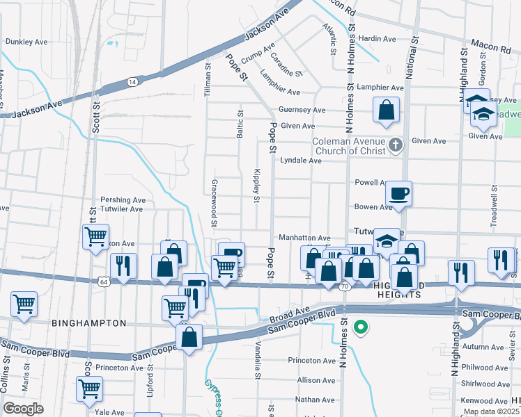 map of restaurants, bars, coffee shops, grocery stores, and more near 798 Kippley Street in Memphis