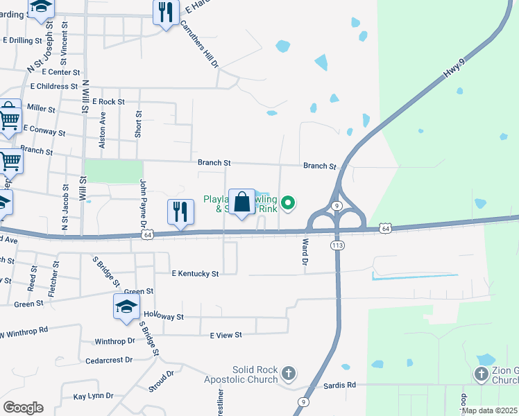 map of restaurants, bars, coffee shops, grocery stores, and more near 1401 East Broadway Street in Morrilton