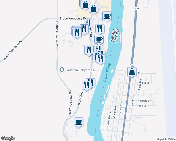 map of restaurants, bars, coffee shops, grocery stores, and more near 228 Sundance Shores Drive in Laughlin