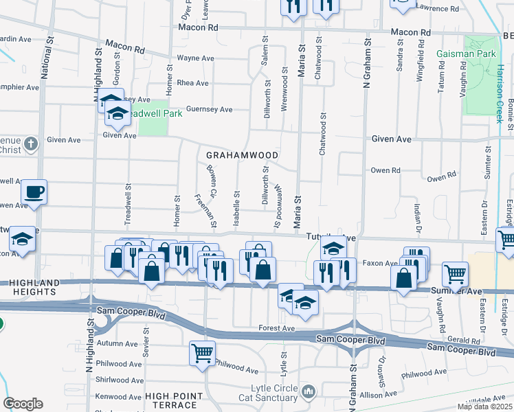 map of restaurants, bars, coffee shops, grocery stores, and more near 813 Dillworth Street in Memphis
