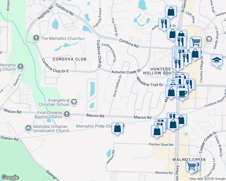 map of restaurants, bars, coffee shops, grocery stores, and more near 1068 Fox Trace Cove in Memphis