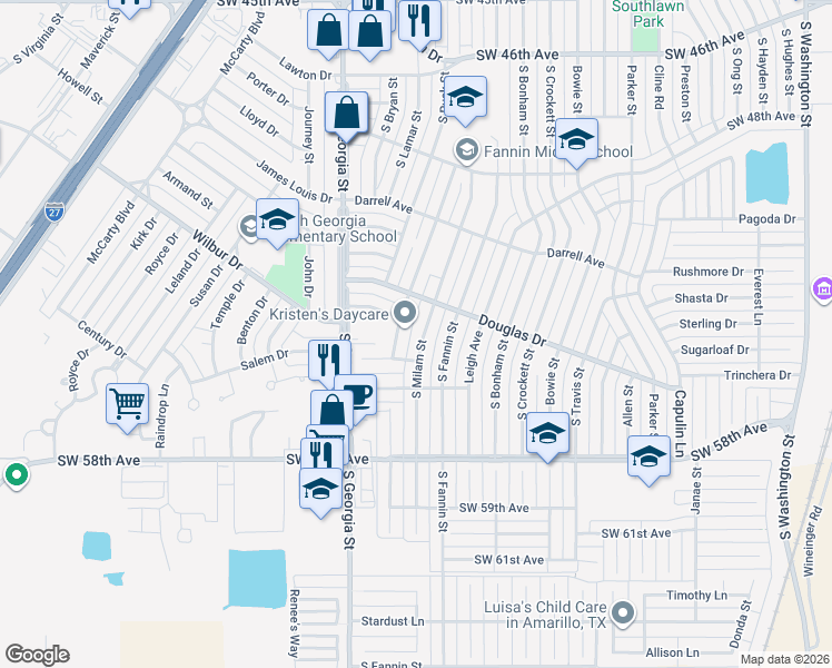 map of restaurants, bars, coffee shops, grocery stores, and more near 5204 South Milam Street in Amarillo