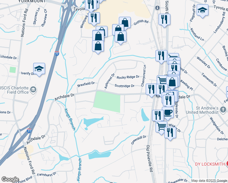 map of restaurants, bars, coffee shops, grocery stores, and more near 320 Scottridge Drive in Charlotte
