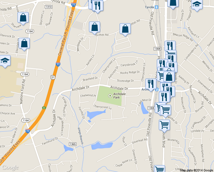 map of restaurants, bars, coffee shops, grocery stores, and more near Archdale Dr in Charlotte