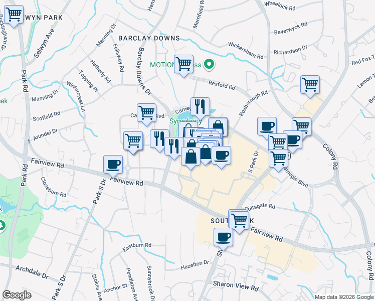 map of restaurants, bars, coffee shops, grocery stores, and more near 4331 Barclay Downs Drive in Charlotte
