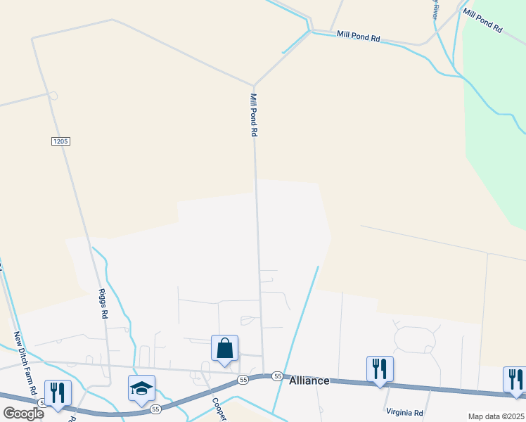 map of restaurants, bars, coffee shops, grocery stores, and more near 560 Mill Pond Road in Bayboro