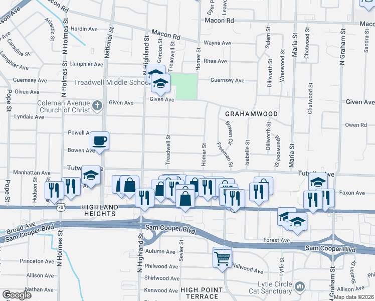 map of restaurants, bars, coffee shops, grocery stores, and more near 3625 Powell Avenue in Memphis