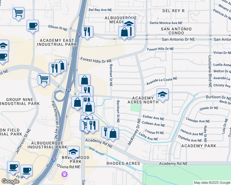 map of restaurants, bars, coffee shops, grocery stores, and more near 6200 Avenida La Costa Northeast in Albuquerque