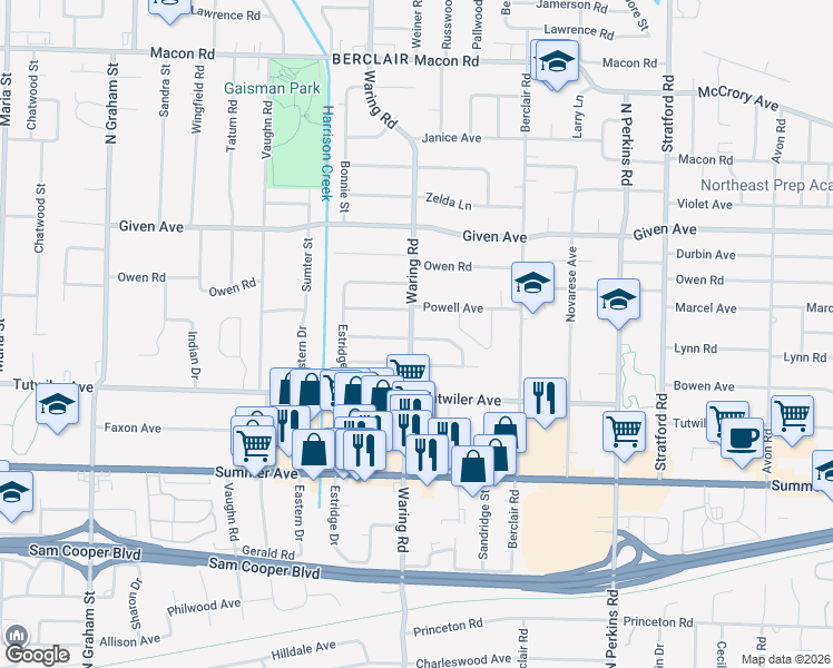 map of restaurants, bars, coffee shops, grocery stores, and more near 4339 Powell Avenue in Memphis