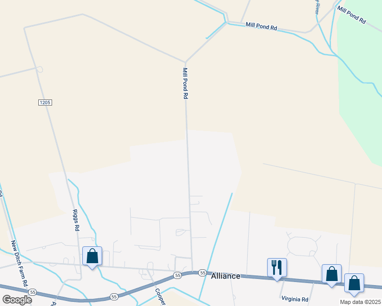 map of restaurants, bars, coffee shops, grocery stores, and more near 560 Mill Pond Road in Bayboro
