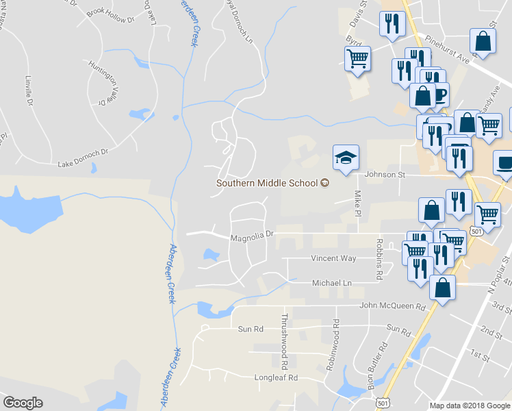 map of restaurants, bars, coffee shops, grocery stores, and more near 115 Lightwater Drive in Aberdeen