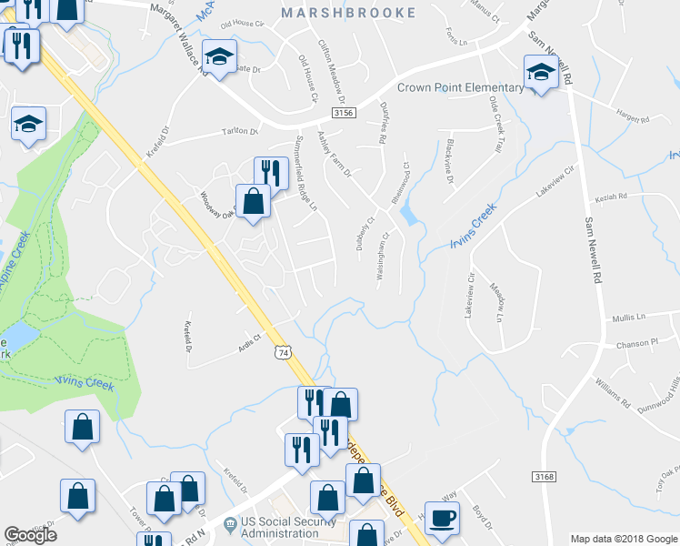 map of restaurants, bars, coffee shops, grocery stores, and more near 3052 Summerfield Ridge Lane in Matthews